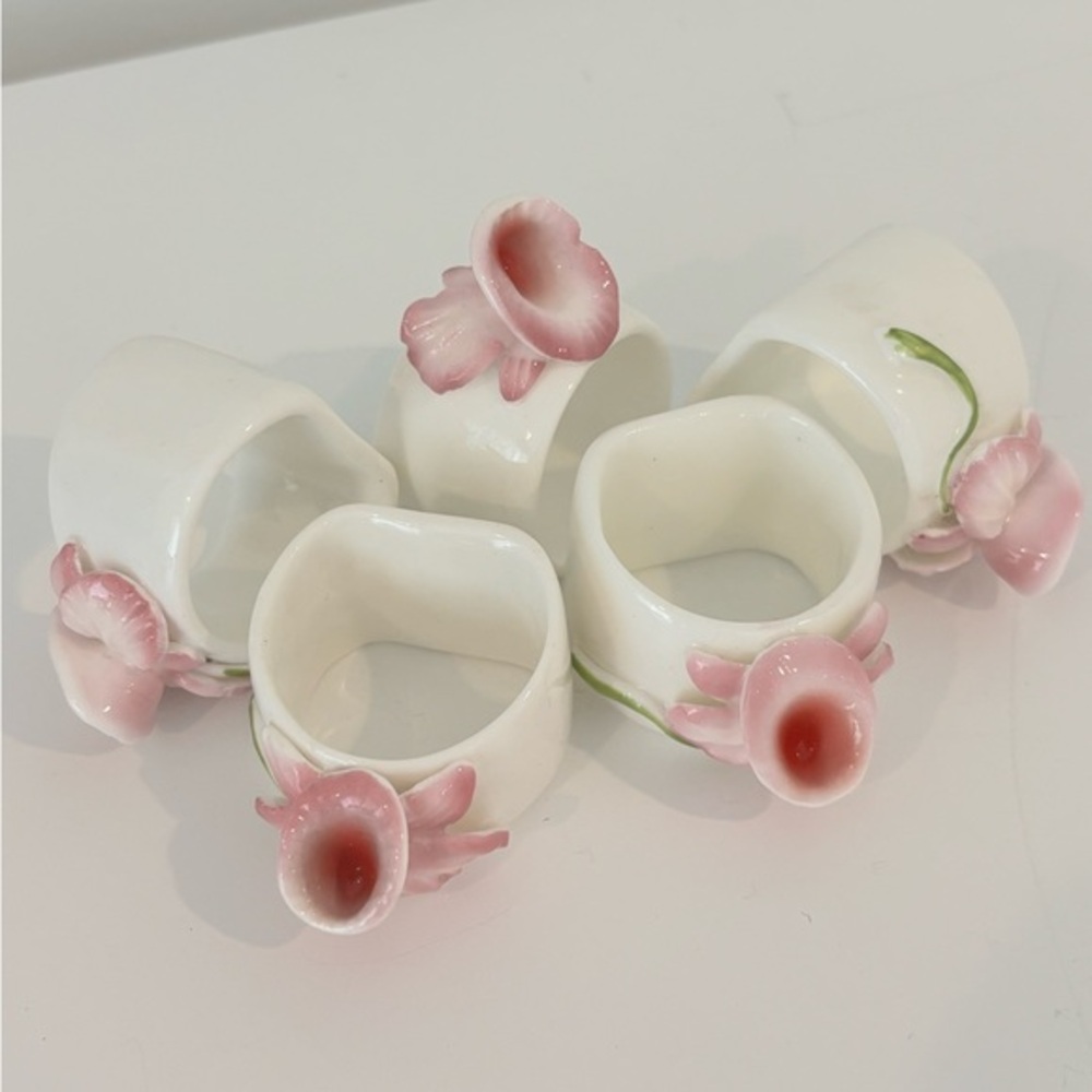 Vintage FIVE Pink and White Floral Porcelain Napkin Rings made in Philippines